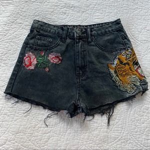NEW Dolls Kill Wild Roar Fray Hem Embroidered Shorts